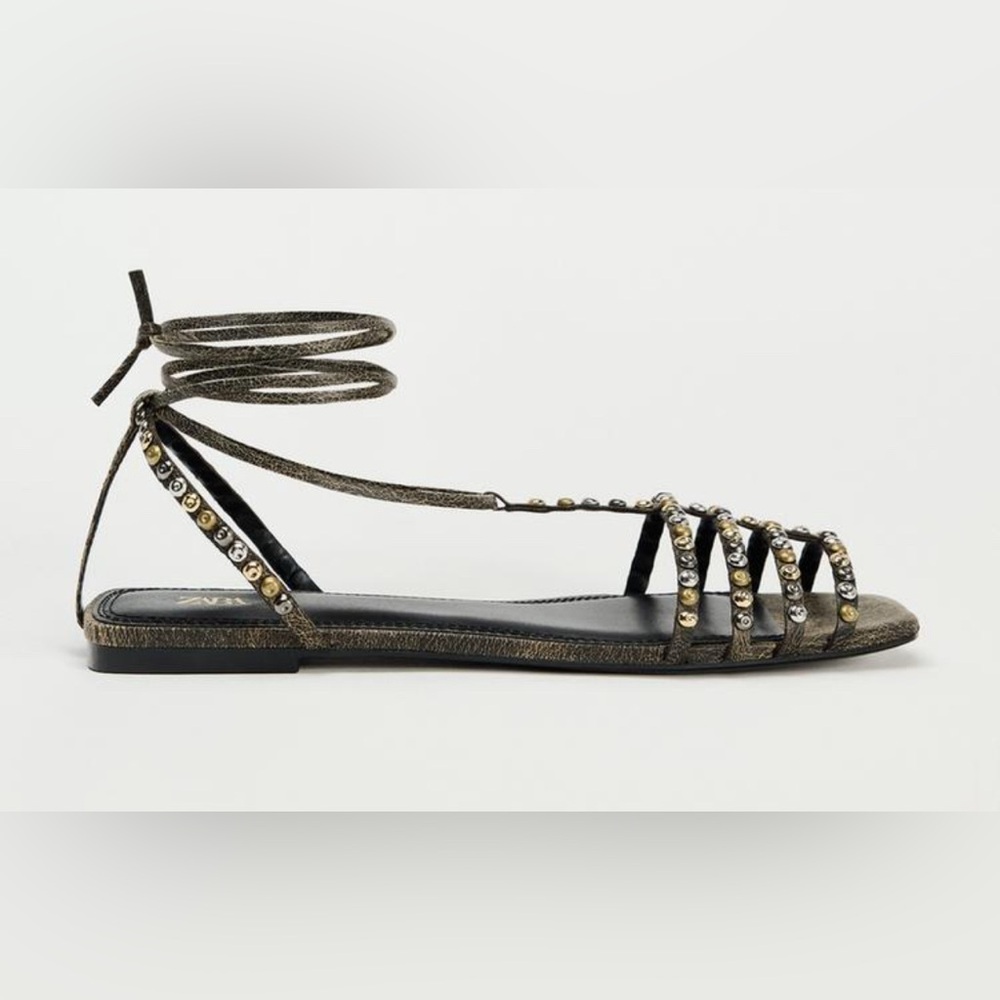 NWT ZARA LEATHER SQUARE TOE LACE UP SANDALS - Picture 6 of 11